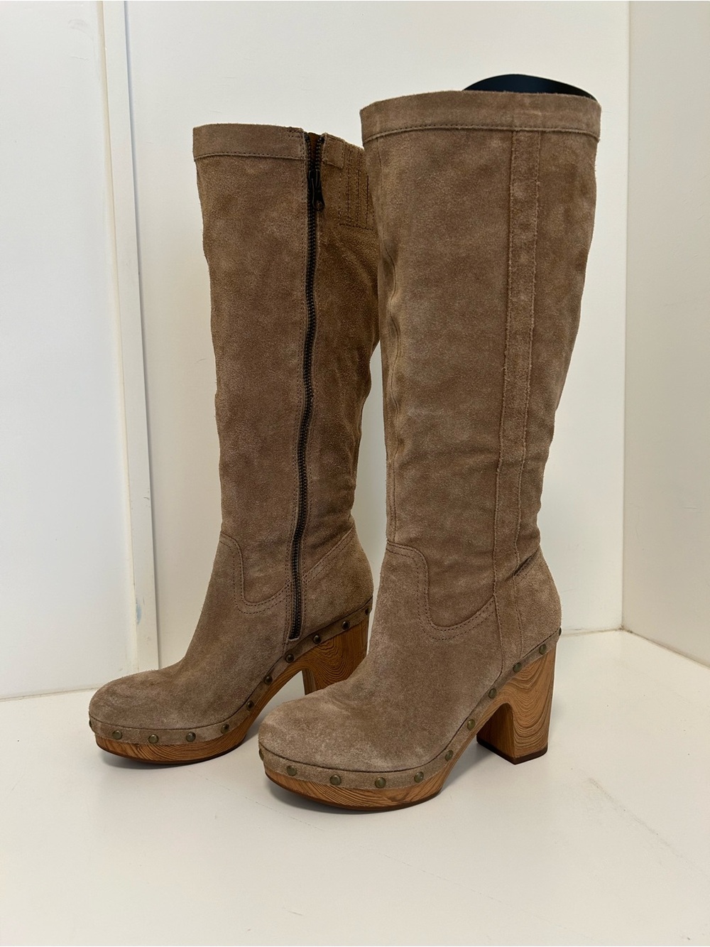 Kork-Ease Knee-High Suede Platform Boots in Taupe